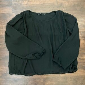 Zara Woman’s Pleated Black Blouse Sheer Lined Long Sleeve Top Flowy Size S